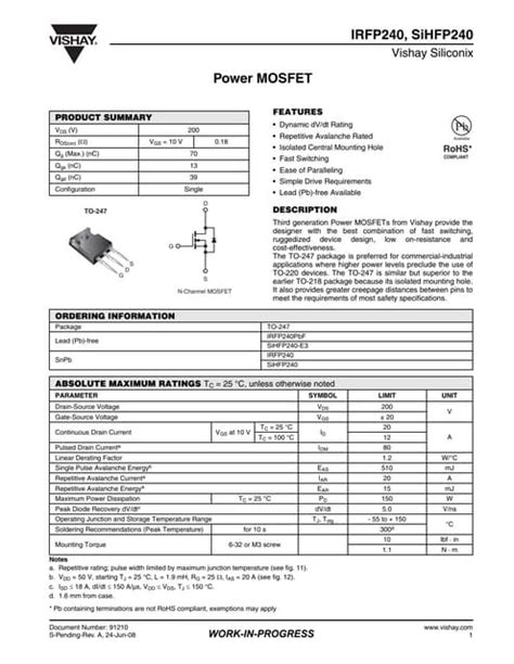 Original Power Mosfet Irfp240 Irfp240pbf 240 200v 20a To 247 New Vishay