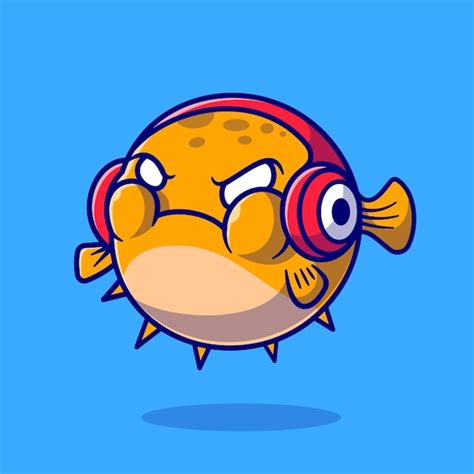 Free Vector | Cute puffer fish angry and wearing headphone cartoon vector icon illustration ...