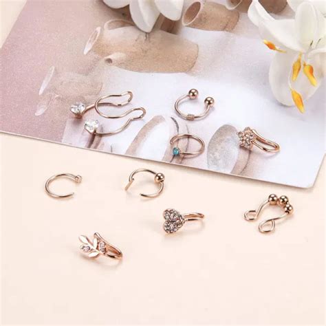 Dropship G Fake Nose Rings Stainless Cz Inlaid Clip On Faux Lip