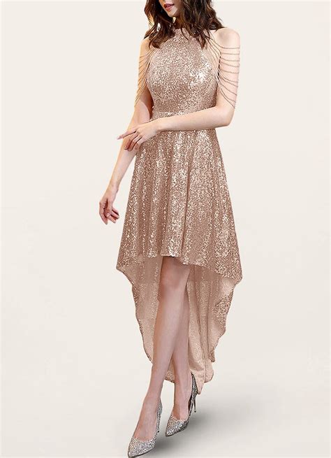 Gold Midnight Stunner Gold Sequin Halter High Low Dress Dresses Azazie