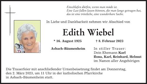 Traueranzeigen Von Edith Wiebel Augsburger Allgemeine Zeitung