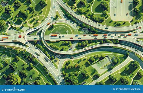 Aerial View Of A Multi Level Highway Interchange With Curving Ramps