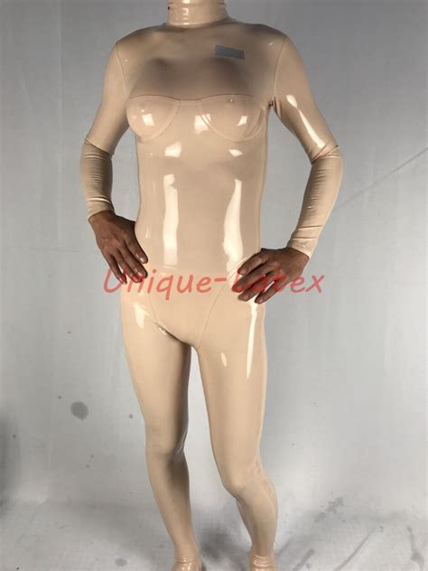 Latex Gummi Catsuit No Zip Neck Entry With C Cup Silicone Breast