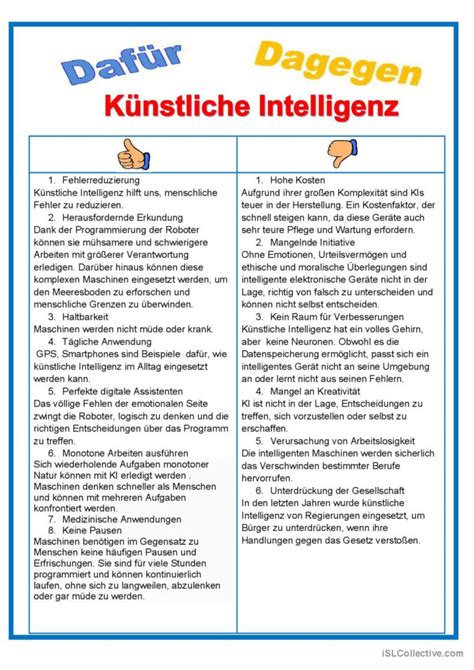 Dafür oder dagegen Künstliche Inte Deutsch DAF Arbeitsblätter pdf doc