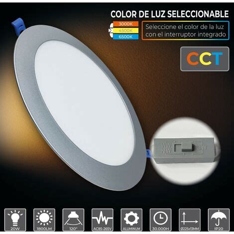 Placa Downlight LED Circular Plana 20W CCT 1800LM Marco Plata Corte