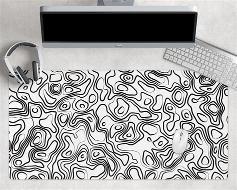 White Topographic Desk Mat Black Gaming Desk Mat Extended Mouse Pad