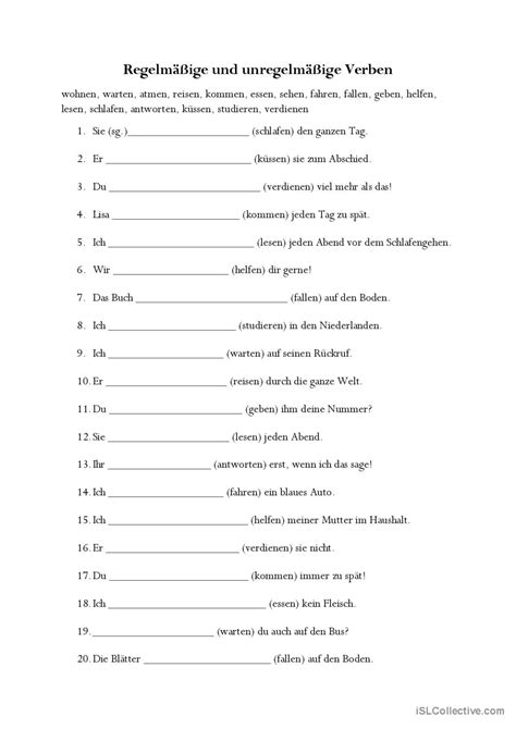 Regelmäßige Und Unregelmäßige Verben Deutsch Daf Arbeitsblätter Pdf And Doc