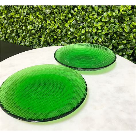 Vintage Set Of 2 Dark Green Textured Glass Plates Etsy