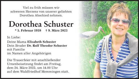 Traueranzeigen Von Dorothea Schuster Augsburger Allgemeine Zeitung