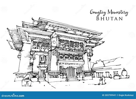 Drawing Sketch Illustration Of Gangtey Monastery In Nyingmapa Bhutan