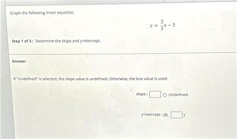 Solved Graph the following linear equation.y=23x-3Step 1 ﻿of | Chegg.com