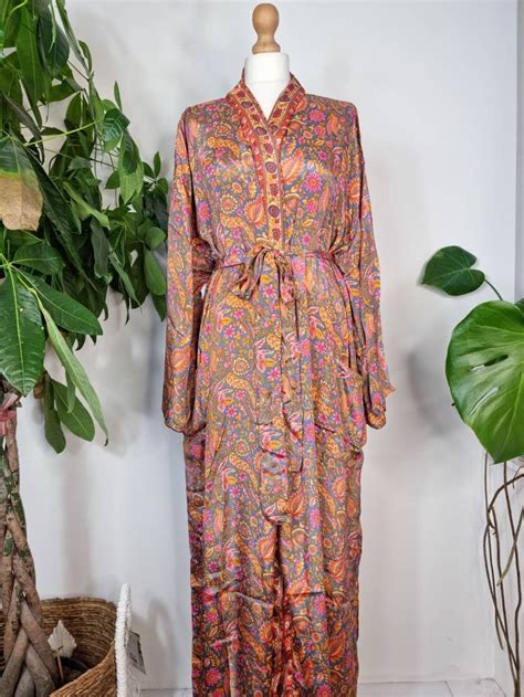 Recycled Vintage Silk Sari Boho Kimonos Regal House Dress Robe Elegant