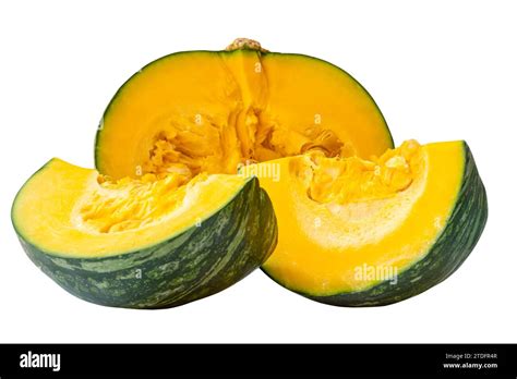 Fresh Kabocha Or Green Japanese Pumpkin Half With Slices Is Isolated On