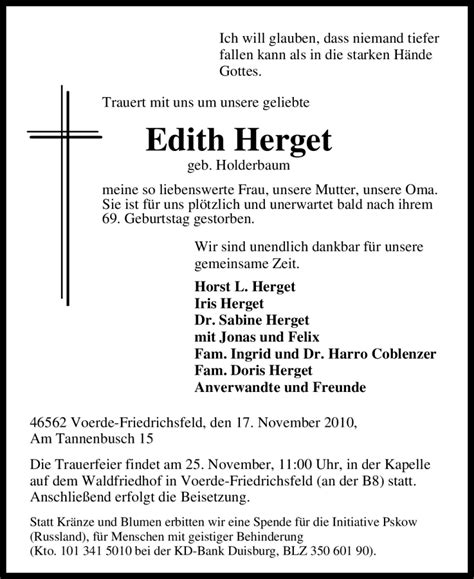 Traueranzeigen Von Edith Herget Trauer In NRW De