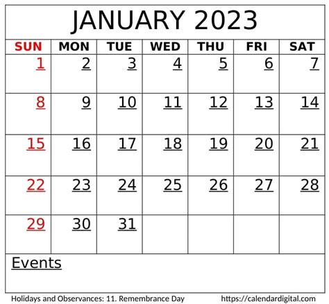 January 2023 Calendar With Holidays - Calendar Digital