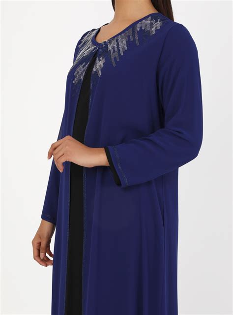 Saxe Blue Black Unlined Crew Neck Modest Plus Size Evening Dress