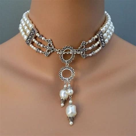 Pearl Choker Necklace Set Victorian Great Gatsby Style Elegant 3 Strands Ivory Or Your Color