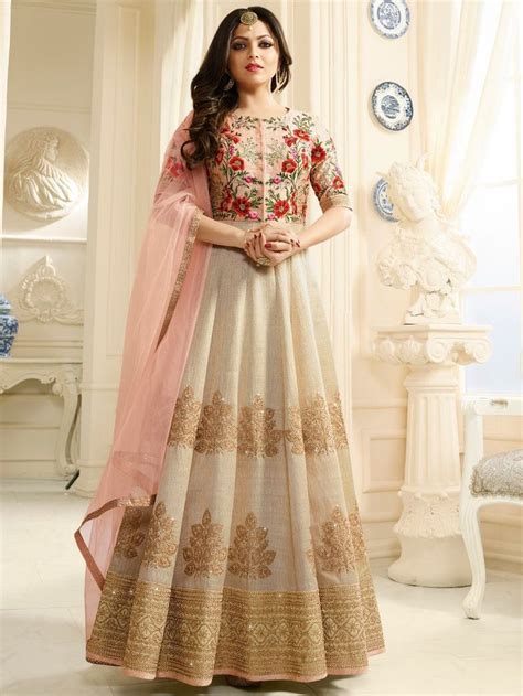 Buy Drashti Dhami Beige And Peach Silk Party Wear Anarkali Kameez In Uk