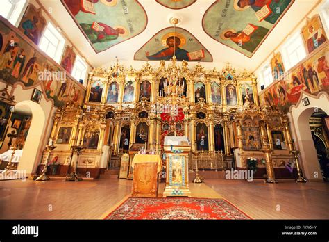 Interior of Orthodox Christian church - altar, iconostasis, and ...