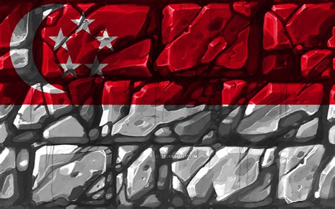 Download Wallpapers Singapore Flag Brickwall 4k Asian Countries