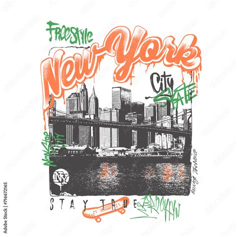 Hand Draw New York City With Graffiti Text Print Urban Typography