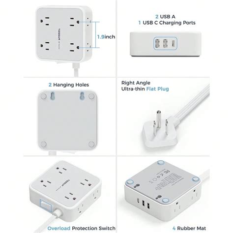 Flat Plug Power Strip Tessan 5 Ft Ultra Thin Extension Cord With 3 Usb Wall Charger1 Usb C