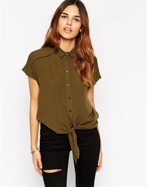 Asos Sleeveless Tie Front Blouse With Pom Trim In Green Khaki Lyst