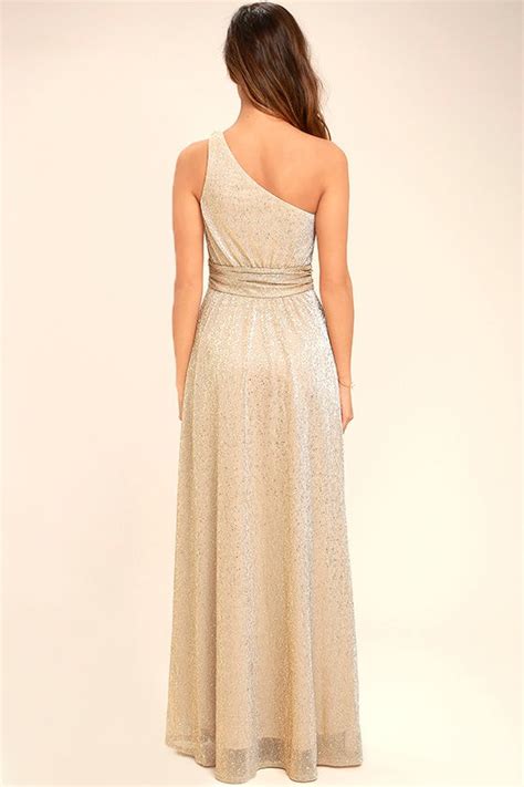 Lovely Gold Dress One Shoulder Dress Maxi Dress