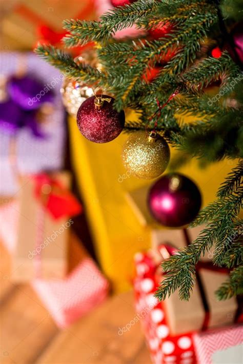 Decorative balls hanging on christmas tree — Stock Photo ...