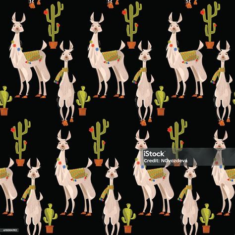 Lamas And Cacti Seamless Background Pattern Stock Illustration