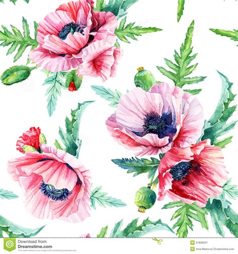 Seamless Pattern Of Vector Watercolor Pink Poppies Stock Vector