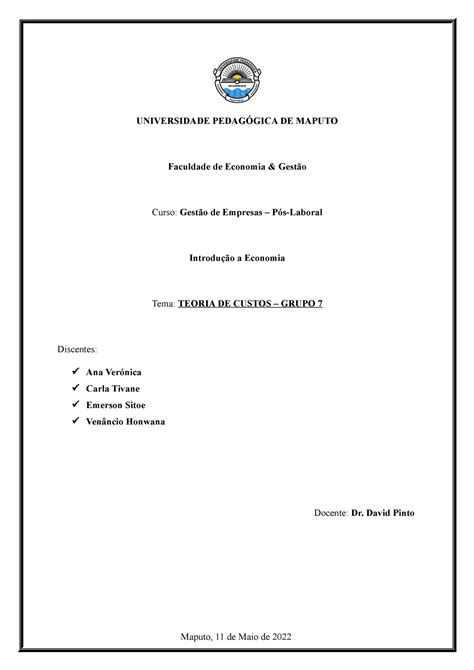 Teoria de Custos versao final UNIVERSIDADE PEDAGÓGICA DE MAPUTO