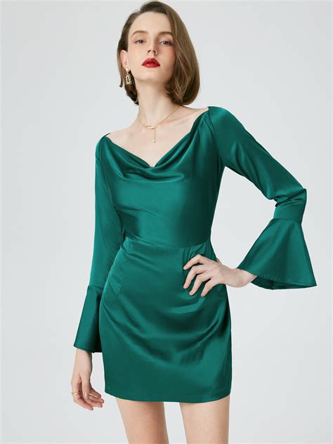 Satin Solid Cowl Neck Bell Sleeve Mini Dress For Date