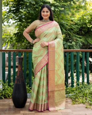 Parrot Green Color Linen Silk Saree With Golden Zari Weaving Work