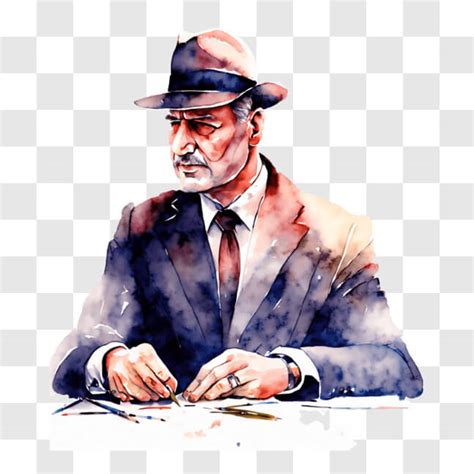 Download Elegant Man Writing At Desk Watercolor Painting Png Online