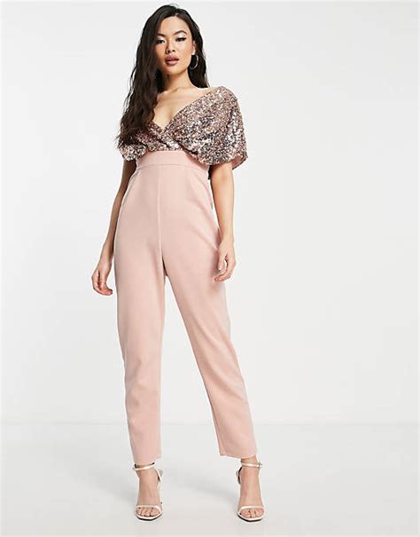 Asos Design 2 In 1 Sequin Fallen Shoulder Jumpsuit In Rose Gold Asos