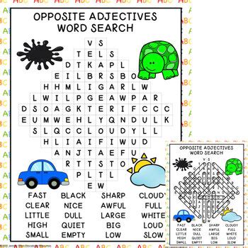 Opposite Adjectives Word Search By Jennifer Olson Educational Resources