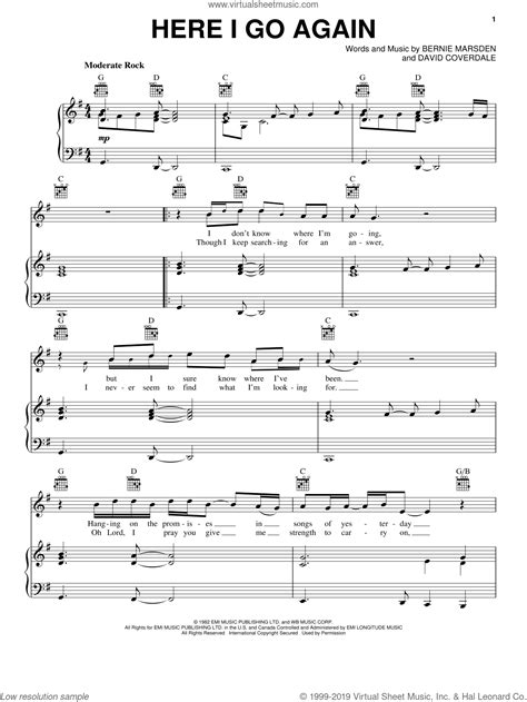 Whitesnake Here I Go Again Sheet Music For Voice Piano Or Guitar