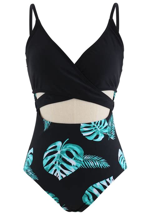 Bowknot Back Tropical Leaf Print Cutout One Piece Swimsuit Retro