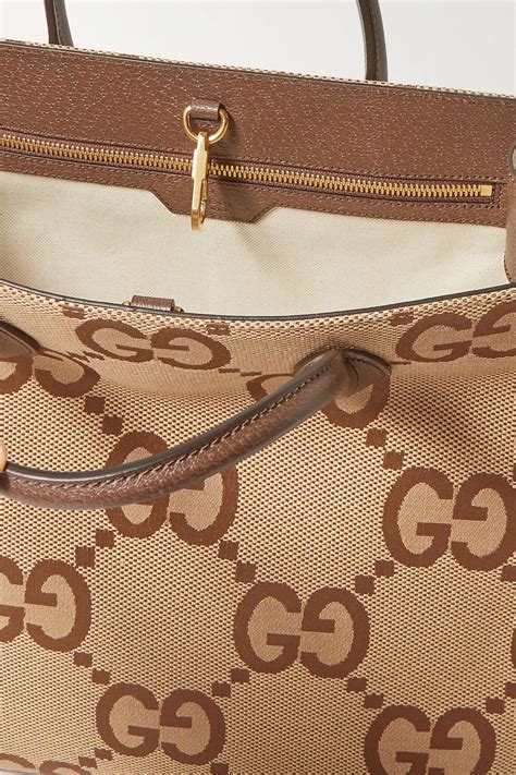 Camel Gg Jumbo Leather Trimmed Canvas Jacquard Tote Gucci Net A Porter