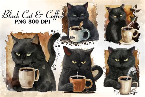 Black Cat And Coffee Watercolor Clipart Graphic By Cat Lady Creative