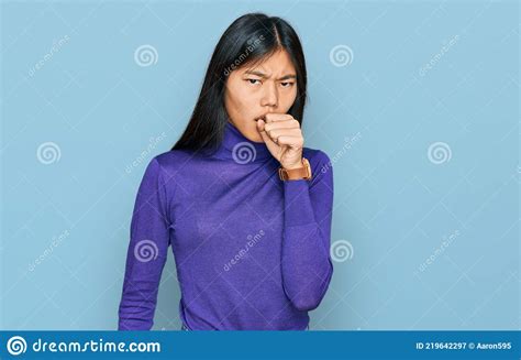 Beautiful Young Asian Woman Wearing Casual Clothes Feeling Unwell And