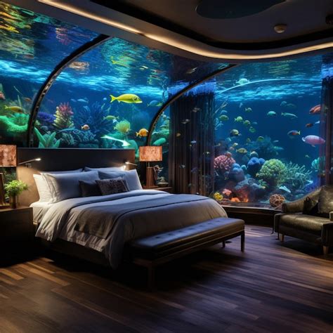 Premium AI Image | Underwater hotel bedroom under water aquarium ...