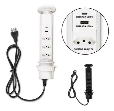 Torre De Tomada Retrátil Multiplug Usb A Usb C 3 Tomadas 20a Cor Branco