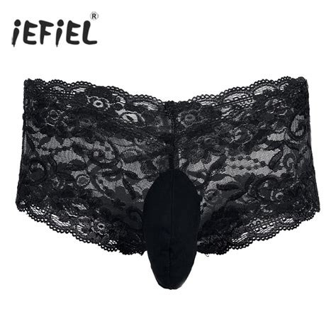 Iefiel Gay Men Lingerie Floral Lace See Through Briefs Underwear Underpants Sexy Panties For