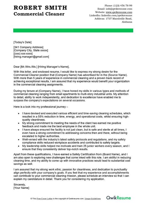 Commercial Cleaner Cover Letter Examples Qwikresume