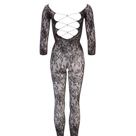 Long Sleeve Bodystocking OUVERT Black Lace Floral Lacing Back Mesh