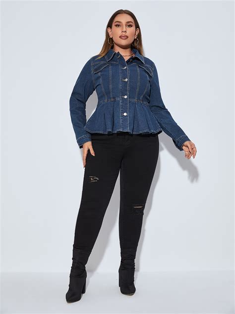 SHEIN Essnce Plus Button Front Peplum Denim Jacket SHEIN UK