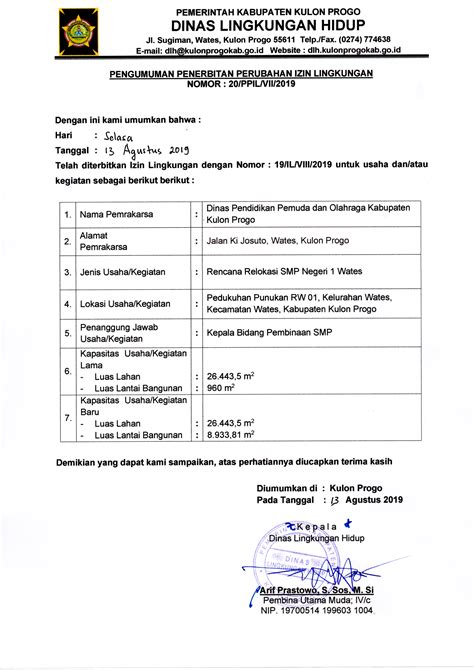 Dlh Pengumuman Perubahan Izin Lingkungan Relokasi Smp N Wates