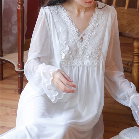 Victorian Nightgowns Embroidery Mesh Night Dress Women White Sexy Lace